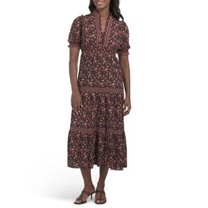 NEW MAX STUDIO LONDON Black Multi Crepe Smocked Short Sleeve Tiered Maxi Dress